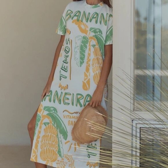 NWT Farm Rio Anthropologie Tee Shirt Dress Banana Tree Tropical Travel PM - Picture 1 of 7